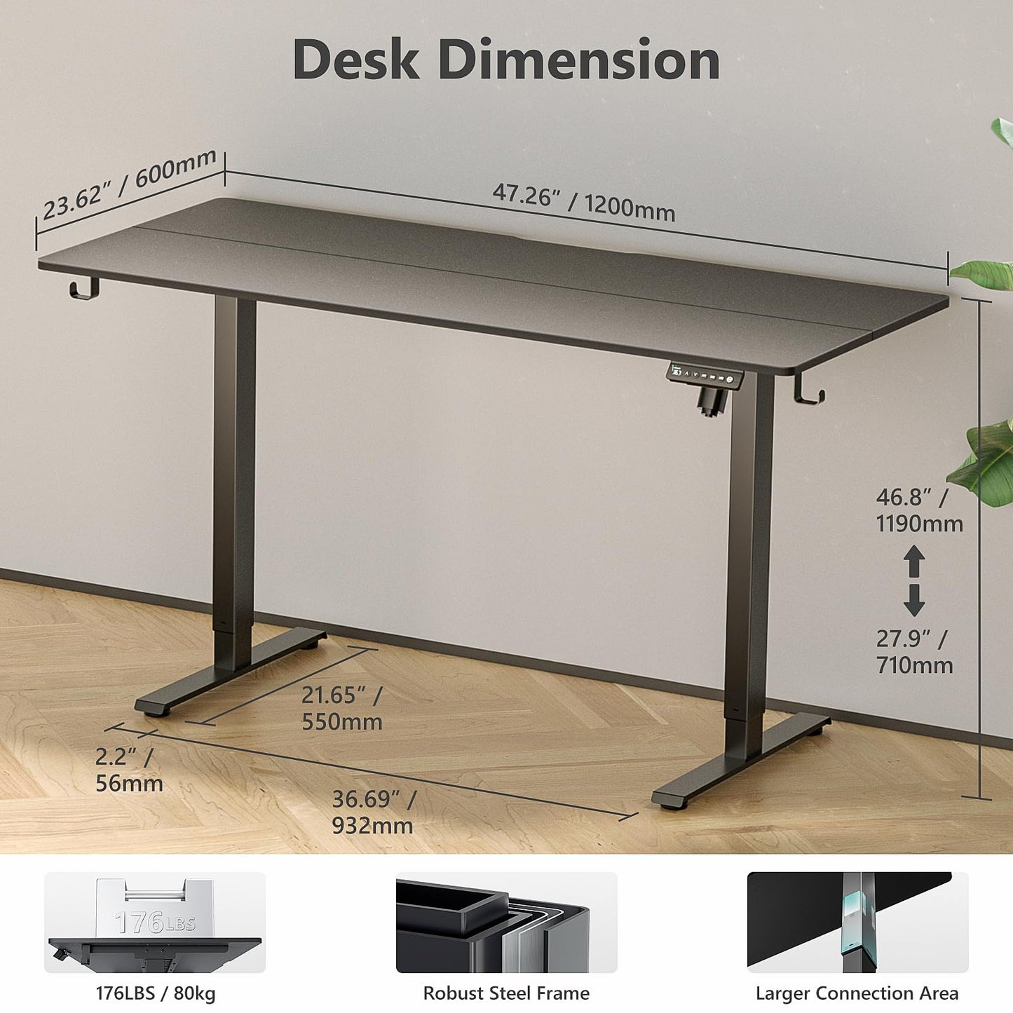 VVENACE 48 Inch Electric Standing Desk Adjustable Height, Stand Up Desk Sit Stand Desk Rising Desk, Home Office Desk with 4 Memory Height Settings, 2 Headphone Hook, Black Frame/Black Spliced Desktop