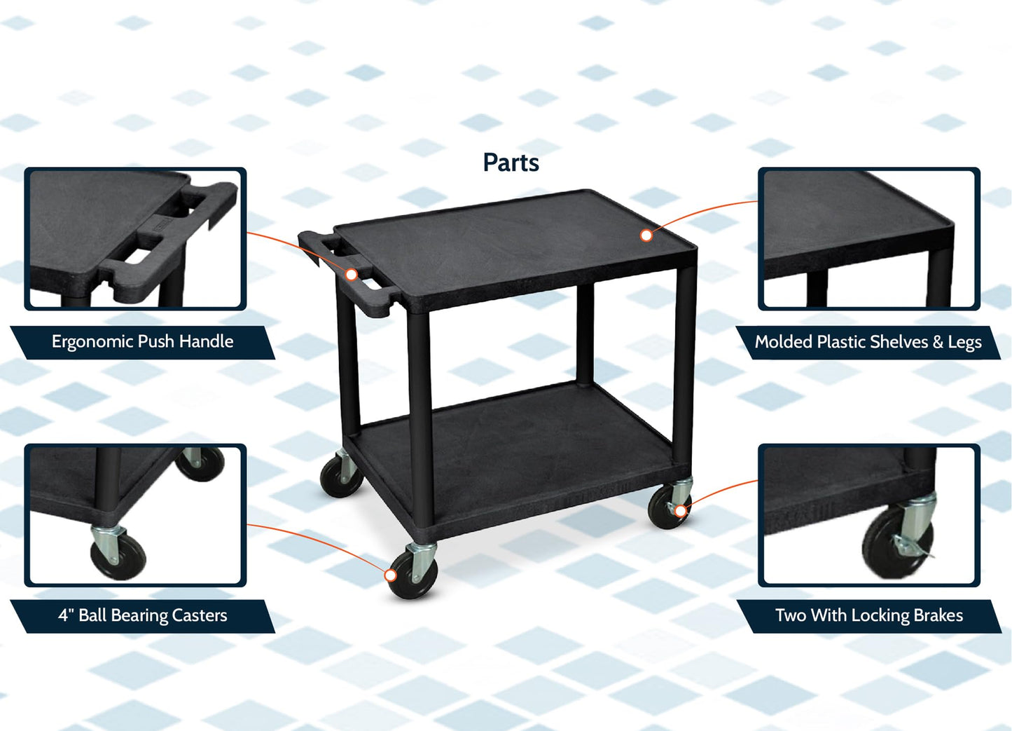 LUXOR LP26-B 26"H AV Cart with Two Shelves, 300 lbs. Capacity, Made of Recycled Molded Plastic, Scratch, Dent, Rust and Stain Resistant