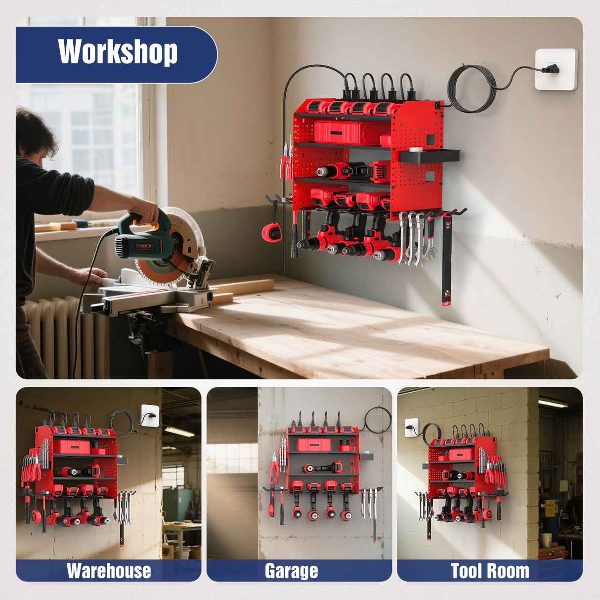 Heavy Duty Power Tool Organizer Wall Mount with Charging Station, 4 Layer Garage Storage Adjustable Shelves Height, Holds 4 Drills, 2 Hooks, Screw & Screwdriver box, Gifts for Fathers Day, Anniversary FURTIME