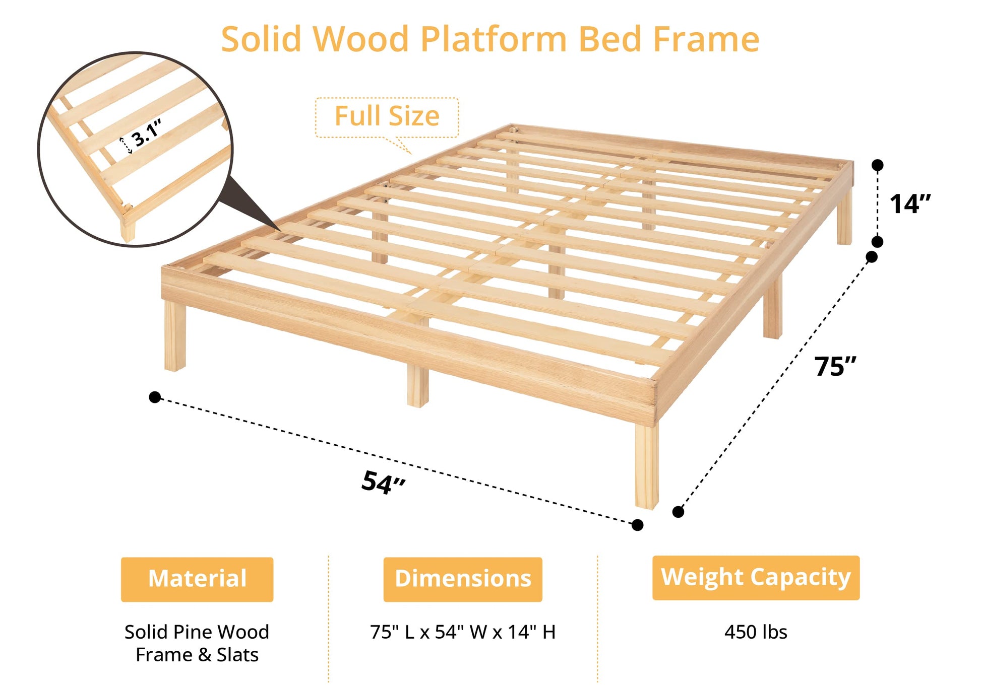 Naomi Home 14 Inch Pine Wood Full Platform Bed Frame - Sturdy, No Squeak Design, No Box Spring Needed - WoodArtSupply