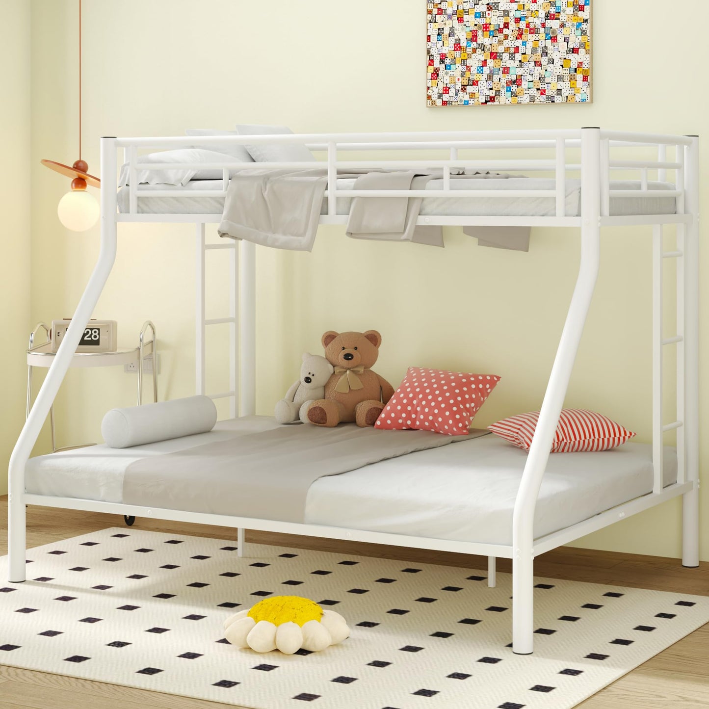 Twin XL Over Queen Bunk Beds with Ladder and Full Length Guardrail, Heavy Duty Bunk Beds/Twin XL Over Queen Bunk Bed for Kids, Twin XL Over Queen Bunk Bed White