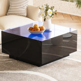Square High Glossy Coffee Table with 16-Color LED Strip Lights, Modern Center Table with 5mm Frosted Tempered Glass Top for Living Room, Apartment, Black RuiSiSi