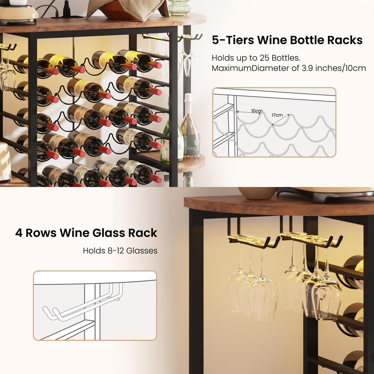 Dripex Wine Bar Table Cabinet with Power Outlet, LED Home Mini Bar Coffee Cabinet for Liquor, Metal Wine Bar Stand with 5-Tier Bottle Storage Shelves, Wine Racks with Glass Holders Dripex