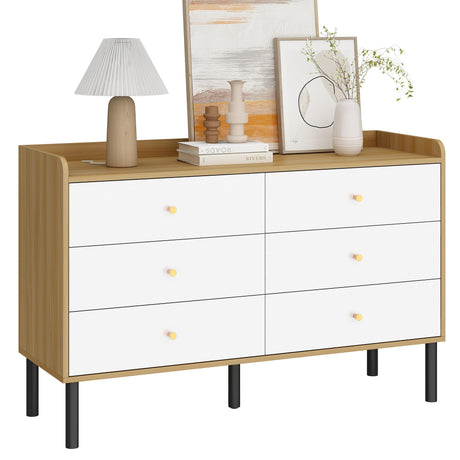 BAZELOR Kids Dresser for Bedroom, 6 Drawer Baby Dresser with Golden Handles, Modern Wood Chest for Hallway, Entryway, Nursery, White BAZELOR