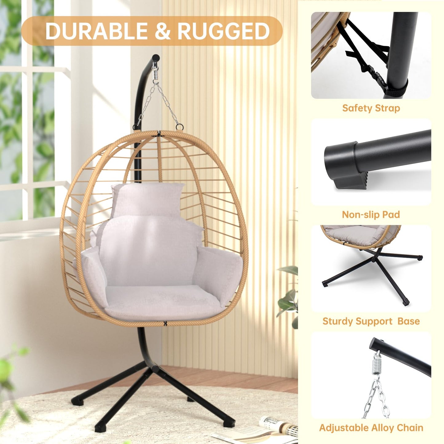 VARVIND Hanging Egg Chair with Stand Patio Hammock Swing Chair, Basket Wicker Rattan Adjustable Height UV Resistant Indoor Outdoor Use 350Lbs Beige Grey - WoodArtSupply