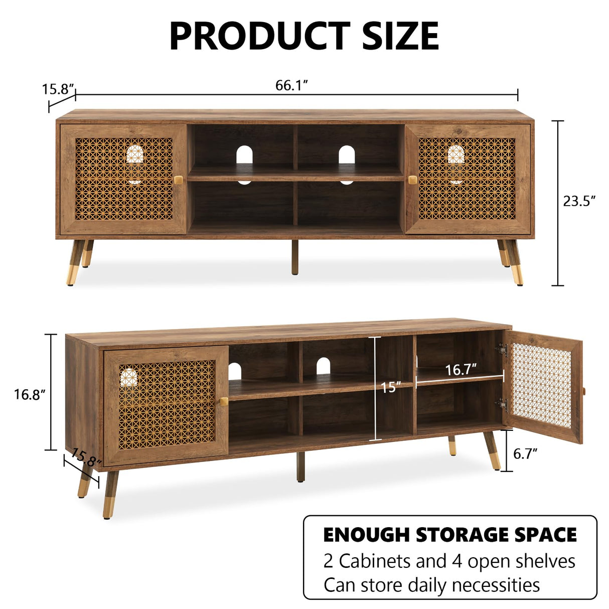 JYED DECOR Modern Entertainment Center for TVs up to 75 inches, Boho TV Console with Storage Cabinet and Open Shelves, Large TV Stand for Living Room, Bedroom, Office, Rustic JYED DECOR