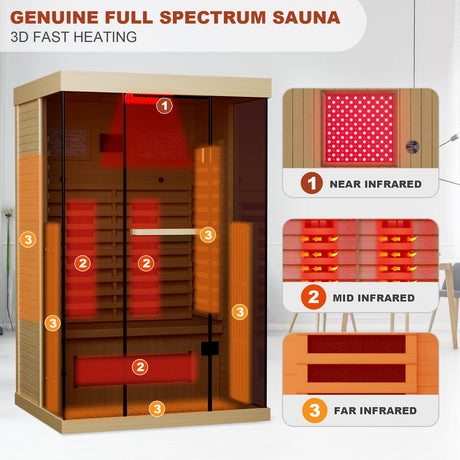 MEISSALIVVE Full Spectrum Infrared Sauna，1-2 Person Home Sauna，Wooden Canadian Hemlock Indoor Spa Sauna with Resonance Speaker, Panoramic Tempered Glass Door MEISSALIVVE