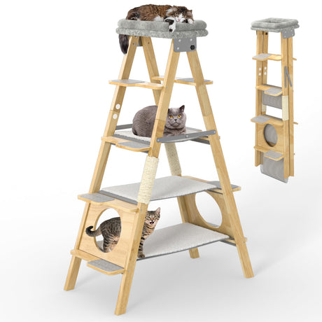 GDLF Modern Wood Cat Tree Foldable Ladder Design with Cat Hammock & Sisal Scratch Post, Solid Wood Tall Cat Tower for Large Cat Easy Clean 60" H GDLF