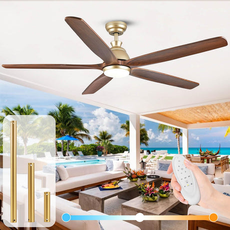 YZEENM 60 Inch Ceiling Fan with Light, Outdoor Ceiling Fans for Patios, Gold Ceiling Fan with LED Lights and Remote, 5 Solid Wood Blade, Quiet DC Motor, Farmhouse Outdoor Large Ceiling Fan Walnut YZEENM