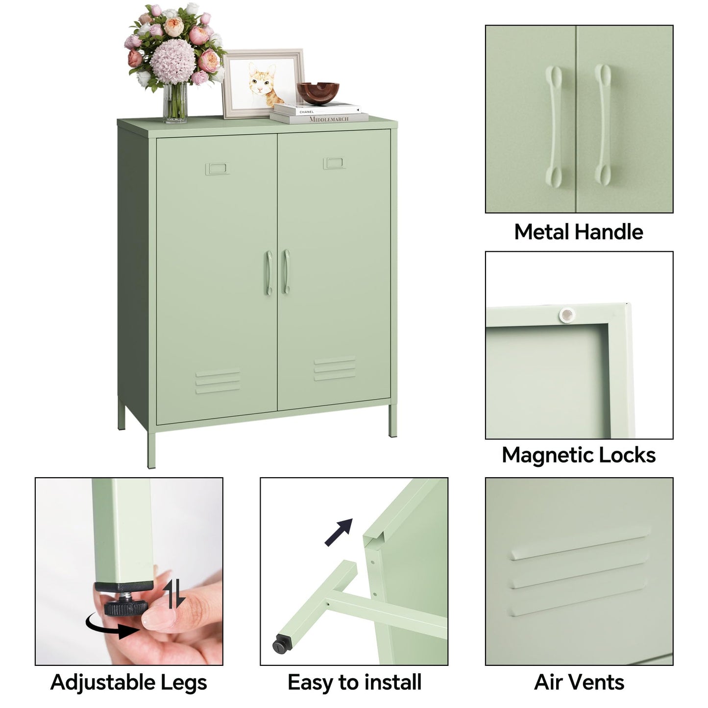 MIOCASA Metal Storage Cabinet with 2 Door, Buffet Sideboard Cabinet Steel Console Table for Home Office, Kitchen, Entryway (Green, Metal - Door) - WoodArtSupply