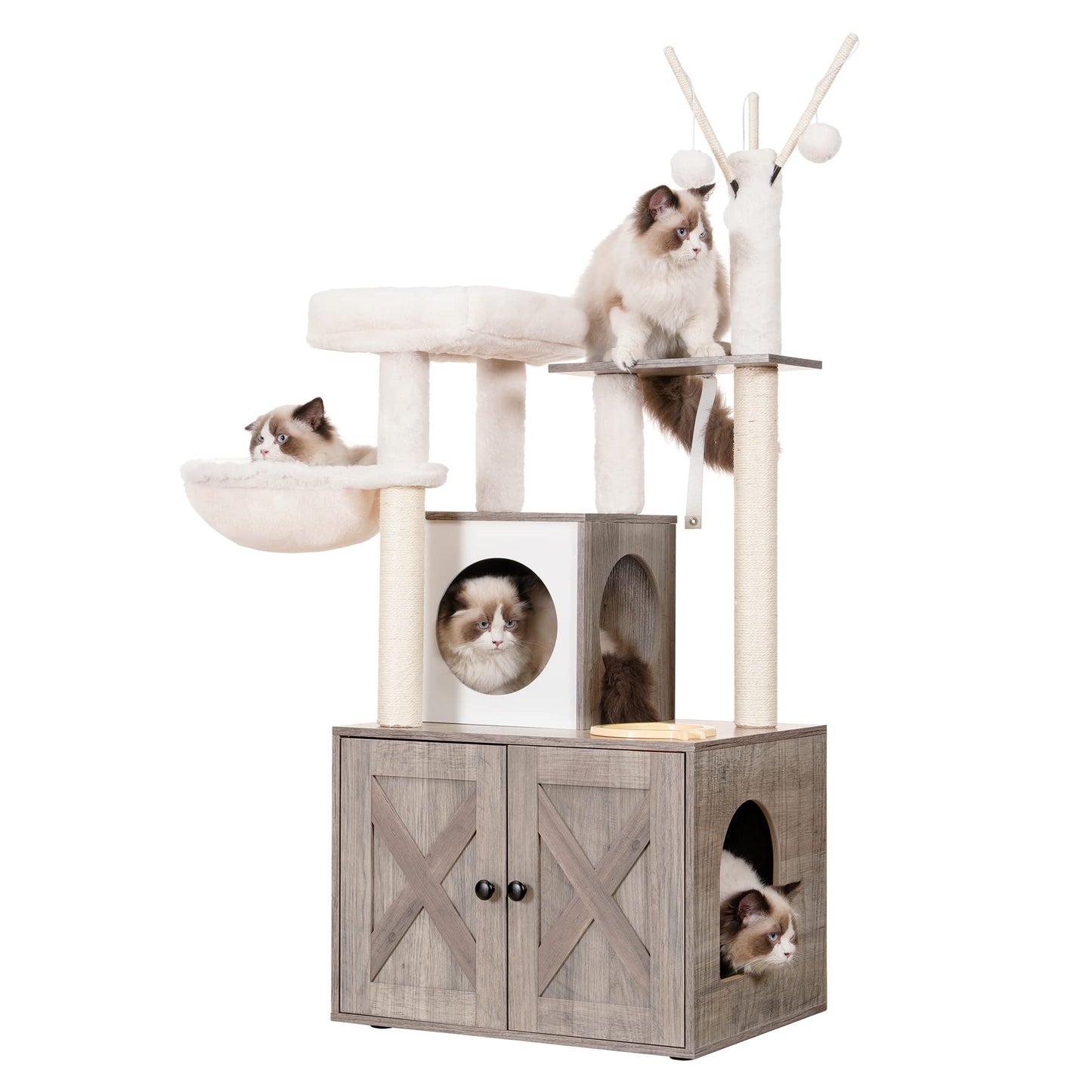 Heybly Cat Tree, Wood Litter Box Enclosure with Food Station, All-in-one Indoor Cat Furniture with Large Platform and Condo, Modern Style Cat Tower, Hammock, Rustic Brown HCT102SG - WoodArtSupply