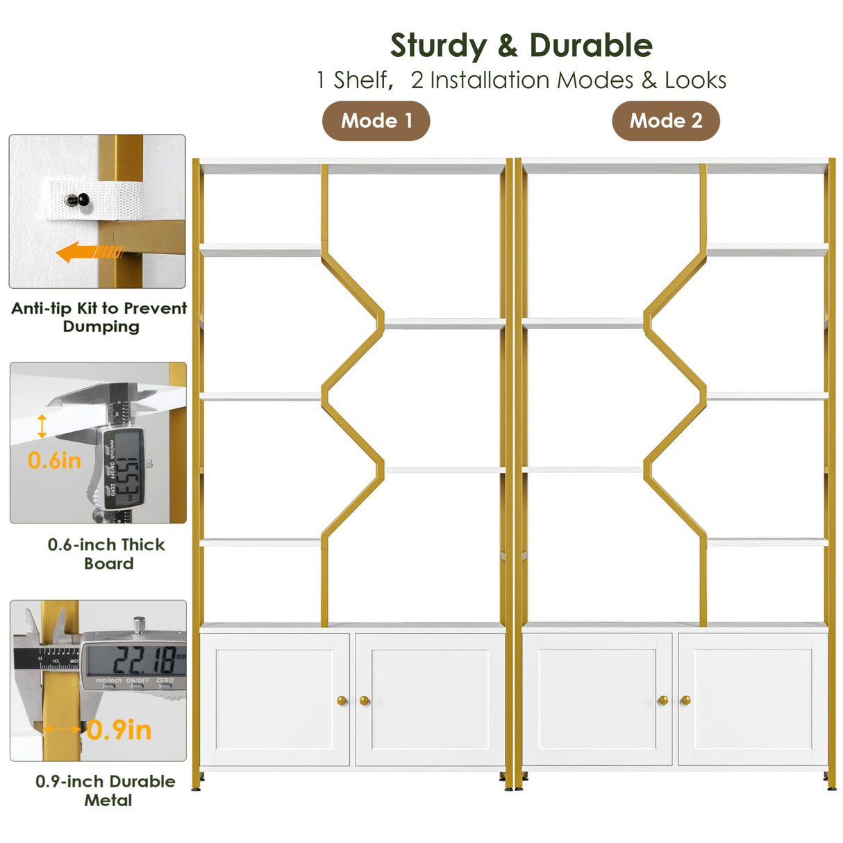 Keyluv 76" Tall Gold Bookshelf with Cabinet Storage, Multifunctional Open Display Bookcase with Door, Large Book Shelf Organizer for Living Room, Home, Office, Heavy Duty Metal & Wood, Modern White Keyluv