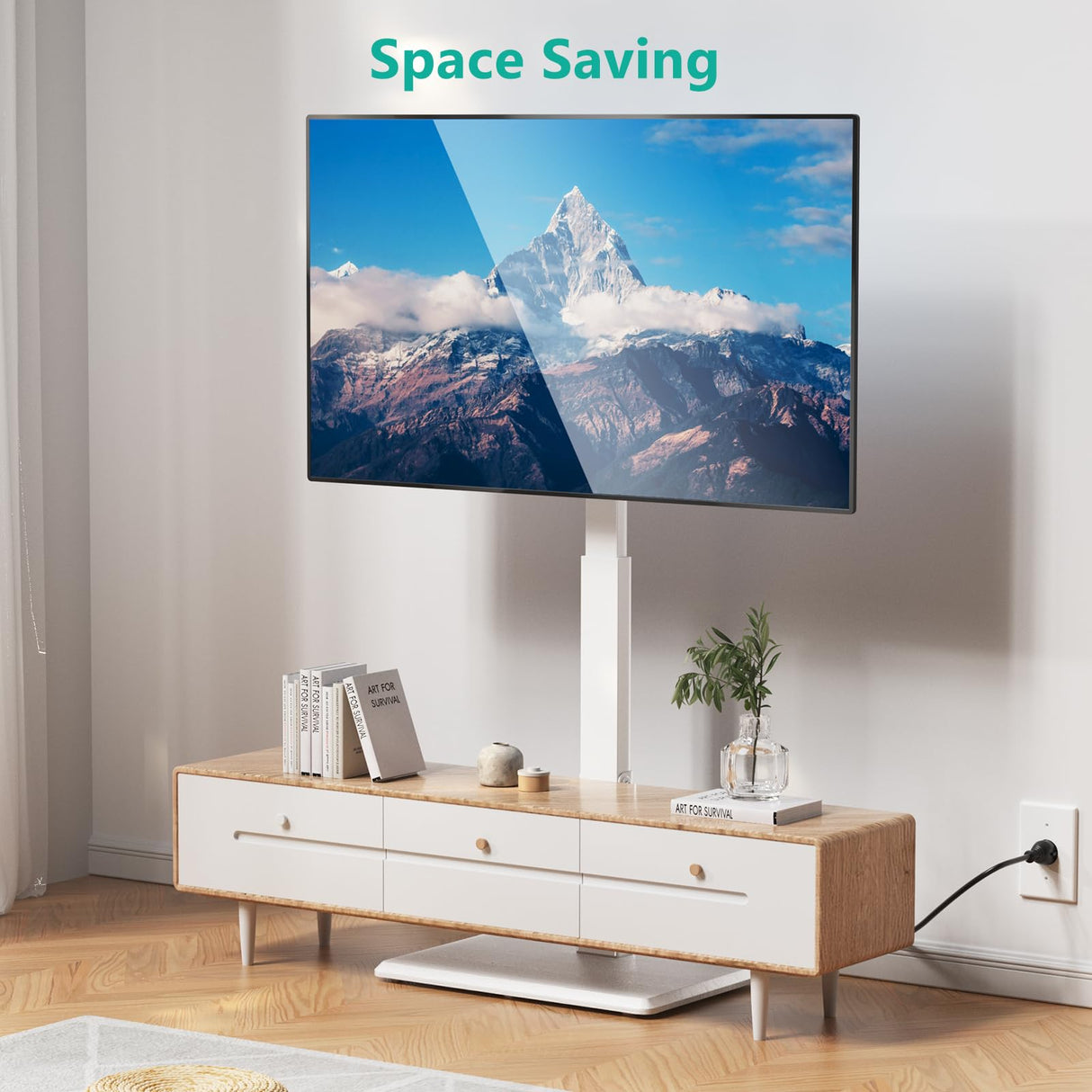 WALI Floor TV Stand with Power Outlet, Tall TV Stand Mount for 32-70 inch TVs up to 110 lbs, Swivel and Height Adjustable TV Stands with Wood Base for Bedroom, Office(TVDVD-7PW), White WALI