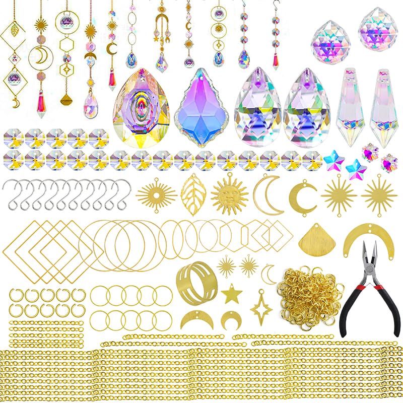 H&D HYALINE & DORA 215pcs DIY Crystal Suncatcher Kits for Adults Art Crafts Set with Rainbow Maker Prisms Pendant Sun Catchers Hanging Decor for Window Garden Wedding, Gold H&D HYALINE & DORA