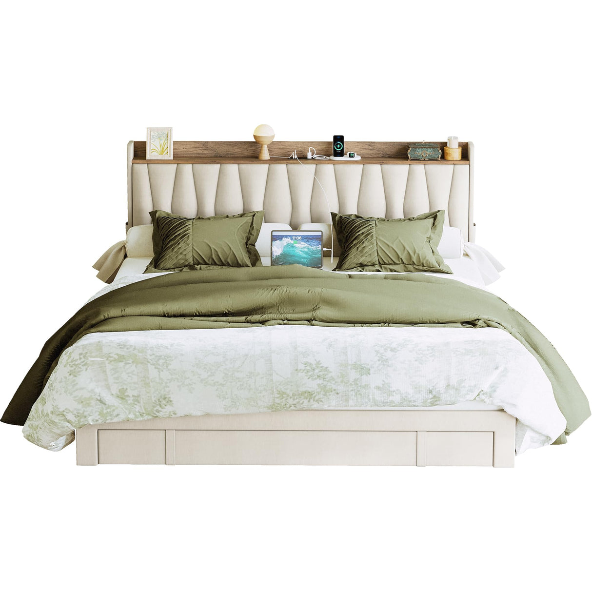 ANTCOR King Size Upholstered Bed Frame with Storage Headboard and Charging Station, Beige ANCTOR