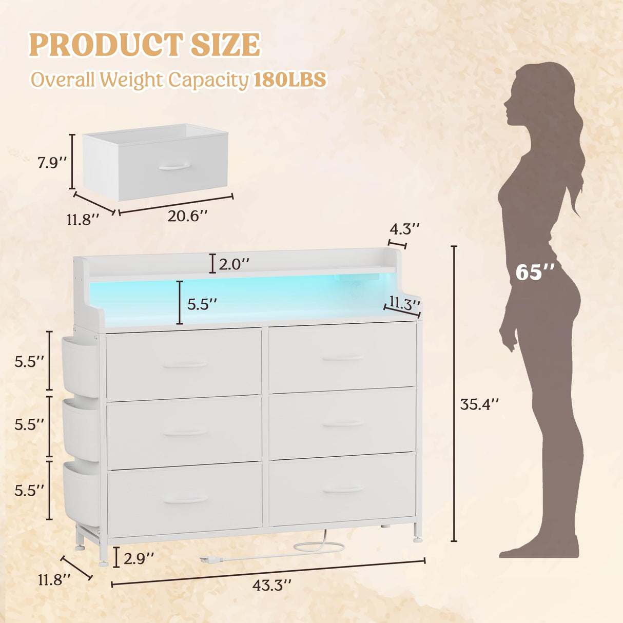 Lulive White Dresser for Bedroom 6 Drawers - Fabric Dressers for Bedroom with LED Light & Charging Station - Adults Chest of Drawers for Living Room Hallway Closet (White) Lulive