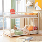 HomJoones Low Metal Bunk Bed Frame for Kids, with Built-in Ladder, High Guardrail and Metal Slats, Floor Bed Bottom Bunk, No Boxspring Required, for Small Spaces, Twin-Over-Twin (White) HomJoones