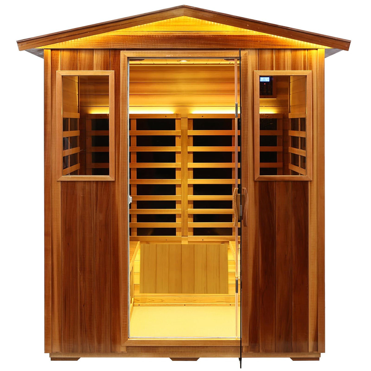 KUNSANA Red Cedar 4 Person Outdoor Ultra-Low EMF（0.5mg） Infrared Sauna, Multi-Person Home Sauna spa, 2160w,12 Heating Panels, LCD Control Panel, Bluetooth Speaker, Chromotherapy Lights, Reading lamp KUNSANA