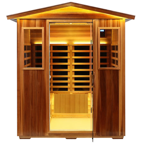KUNSANA Red Cedar 4 Person Outdoor Ultra-Low EMF（0.5mg） Infrared Sauna, Multi-Person Home Sauna spa, 2160w,12 Heating Panels, LCD Control Panel, Bluetooth Speaker, Chromotherapy Lights, Reading lamp KUNSANA