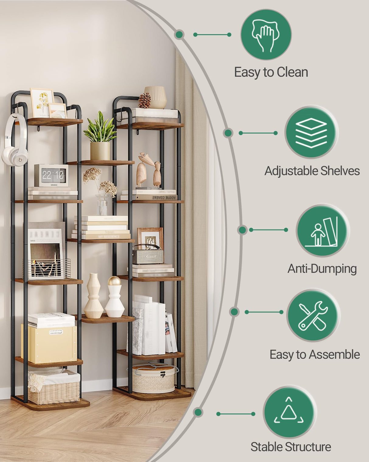 Hzuaneri 8 Tiers Vertical Shoe Rack, Narrow Shoe Tower, Tall Shoes Shelf with 2 Hooks, Adjustable Shelves, Corner Shoes Shelves for Small Spaces, Entryway, Living Room, Rustic Brown SR04301B Hzuaneri