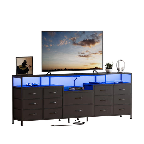 NinPeen 70.9" W Large TV Stand for 65/75/80 inchs TVs,14 Drawer Long Dresser with Charging Station and LED Lights,Entertainment Center with Storage for Living Room (Black, 70.9" W) NinPeen