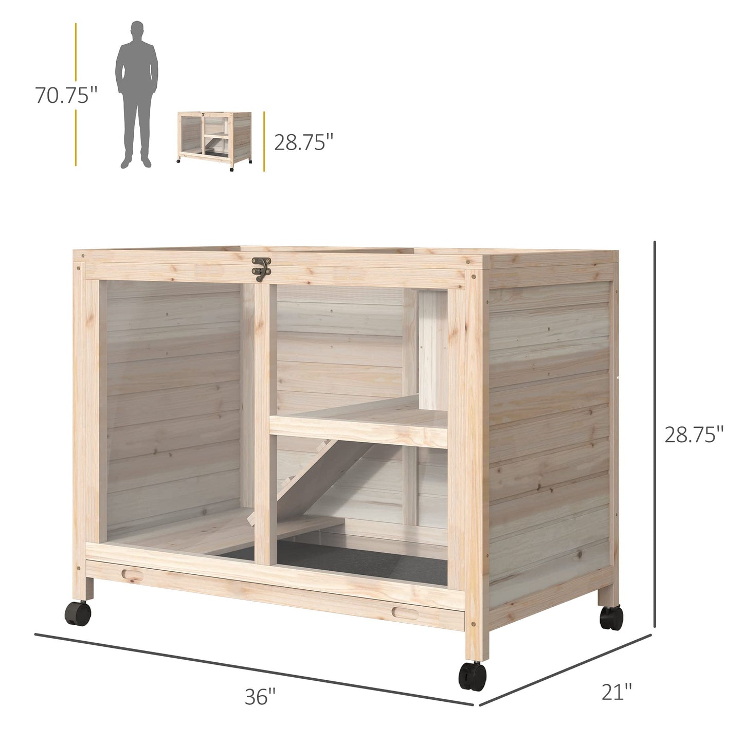 PawHut Indoor Rabbit Hutch with Wheels, Desk and Side Table Sized, Wood Rabbit Cage, Waterproof Small Rabbit Cage, Natural - WoodArtSupply