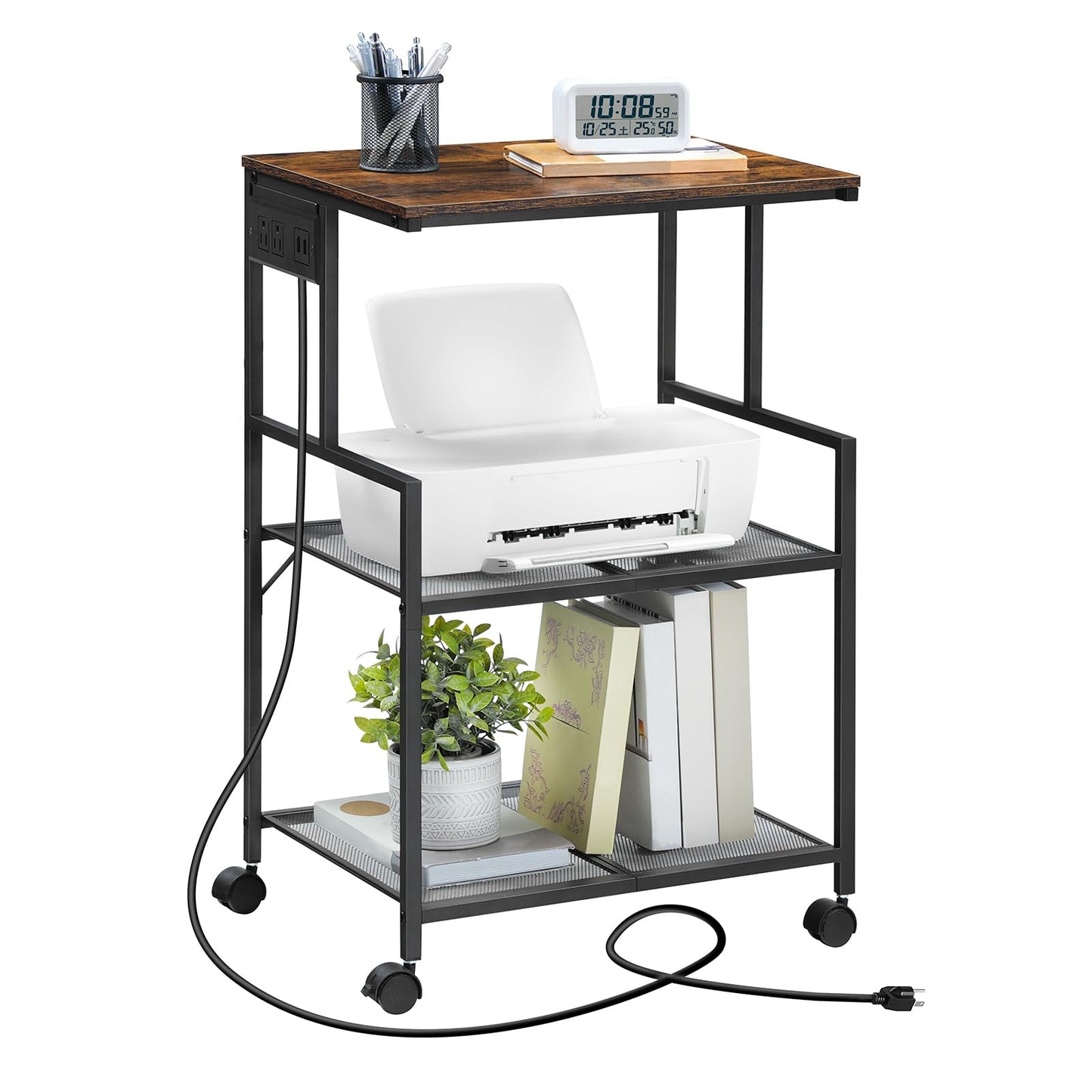 MAHANCRIS Mobile Printer Stand, 3-Tier Industrial Printer Cart with Power Outlets and 2 USB Ports, Rolling Printer Table on Wheels for Home Offices Kitchen Organization Rack, Rustic Brown PTH - WoodArtSupply