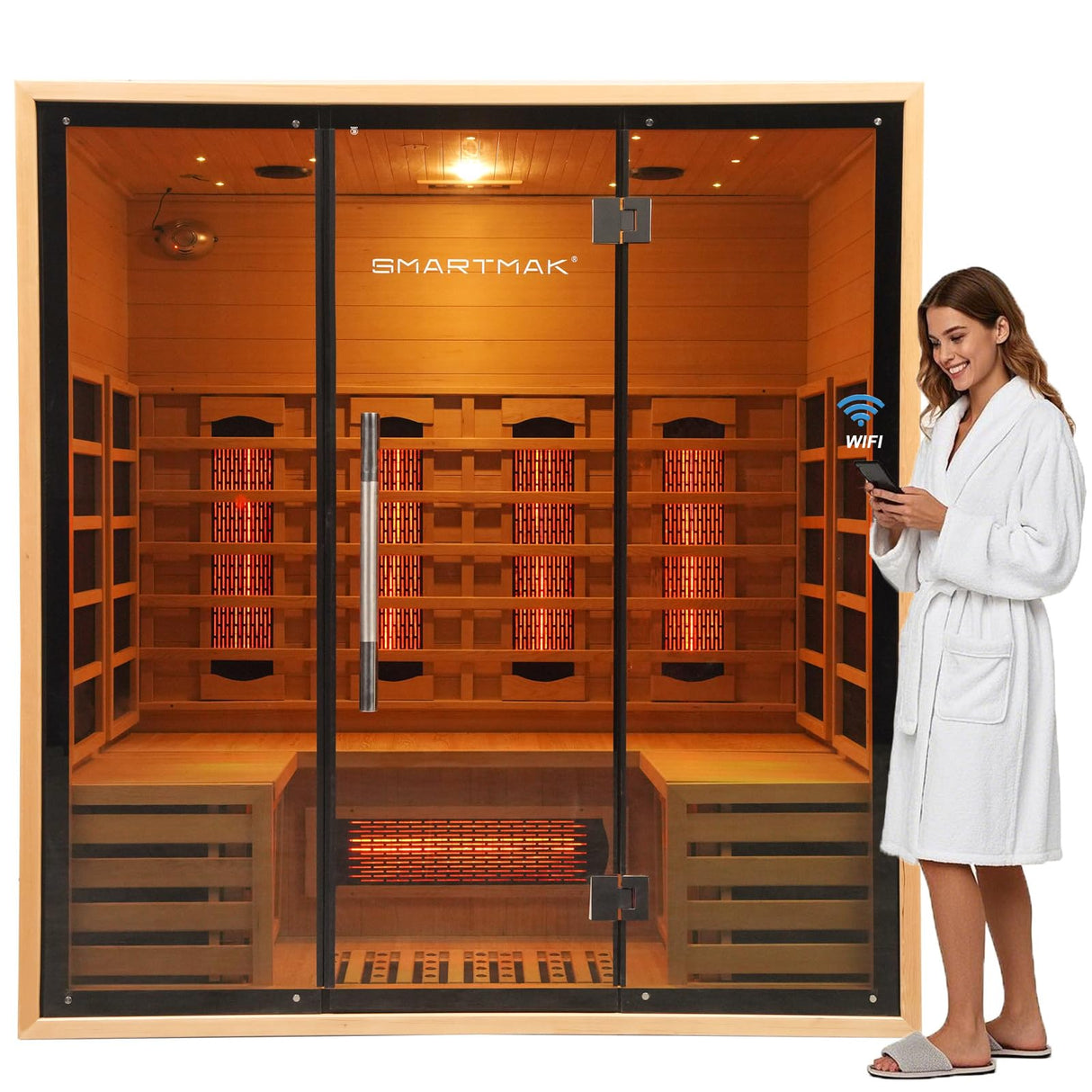 Full Spectrum Infrared Sauna for 4 Person, Indoor Canadian Hemlock Wood Home Spa Saunas with Upgraded WiFi Control, Low EMF, Speaker, Oxygen bar, Reading & 7-Color Starry Light, 2700W, 220V Smartmak