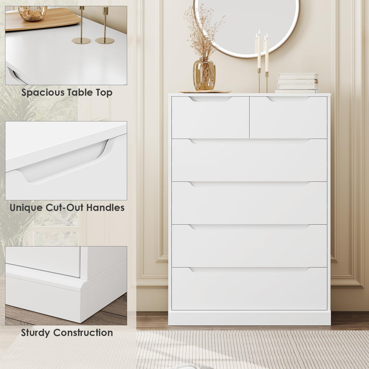 HOSTACK Modern 6 Drawer Dresser for Bedroom, Tall Chest of Drawers with Storage, Large Wood Storage Chest Organizer with Cut-Out Handle, Accent Storage Cabinet for Living Room, Entryway, Classic White HOSTACK
