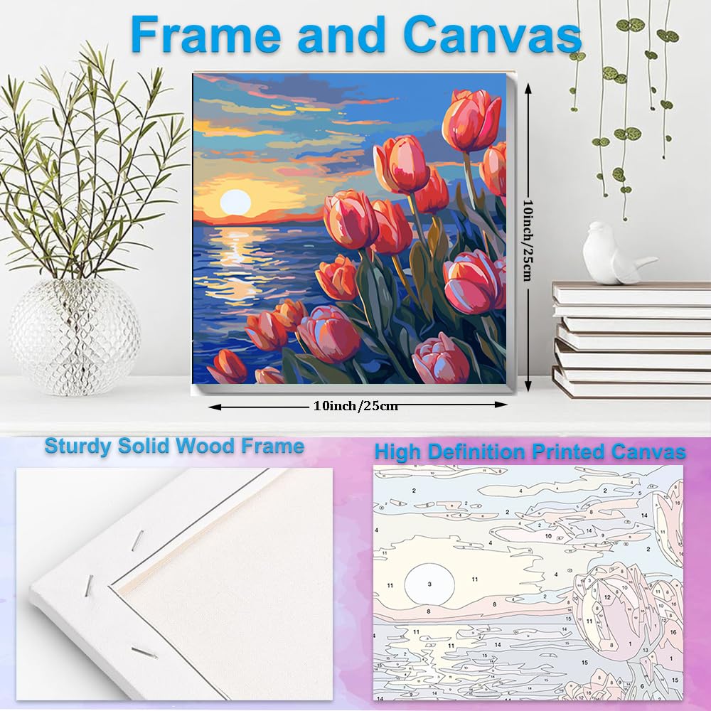 Artunion Framed Paint by Numbers Kit for Adults Beginners & Kids Ages 8-12,Sunset Tulip Flower Paint by Number with Frame,Floral Paint by Numbers Kit on Canvas 10 * 10 Inch Without Easel Artunion