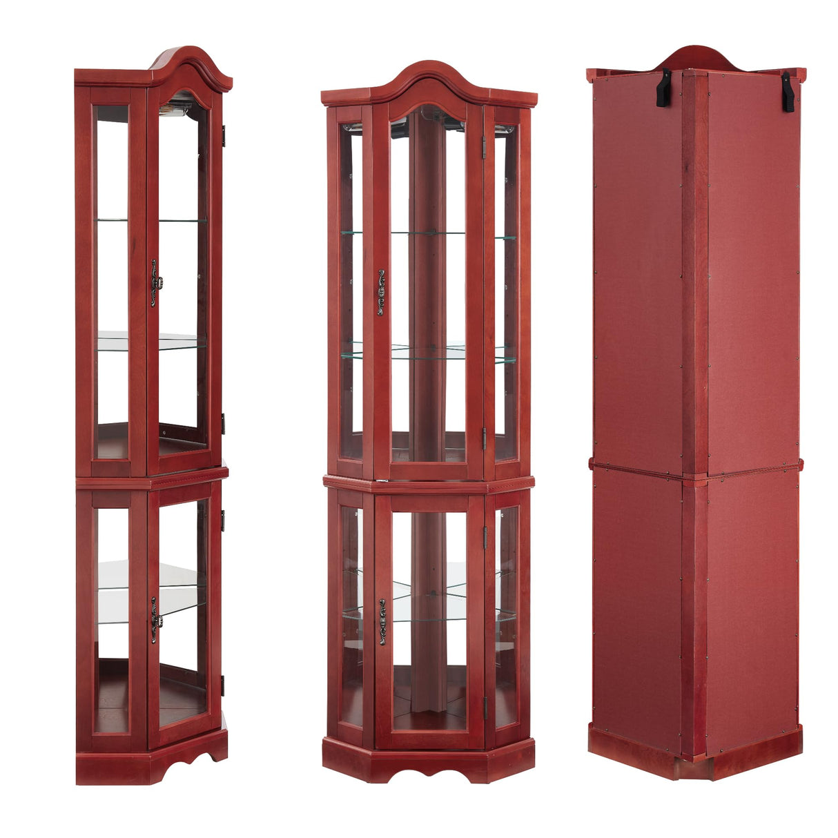 Trygoal 70" H Lighted Corner Curio Cabinet, Curved Wood Corner Cabinet with Tempered Glass Doors and Shelves, Glass Display Case with Bulb for Living Room, Cherry Trygoal
