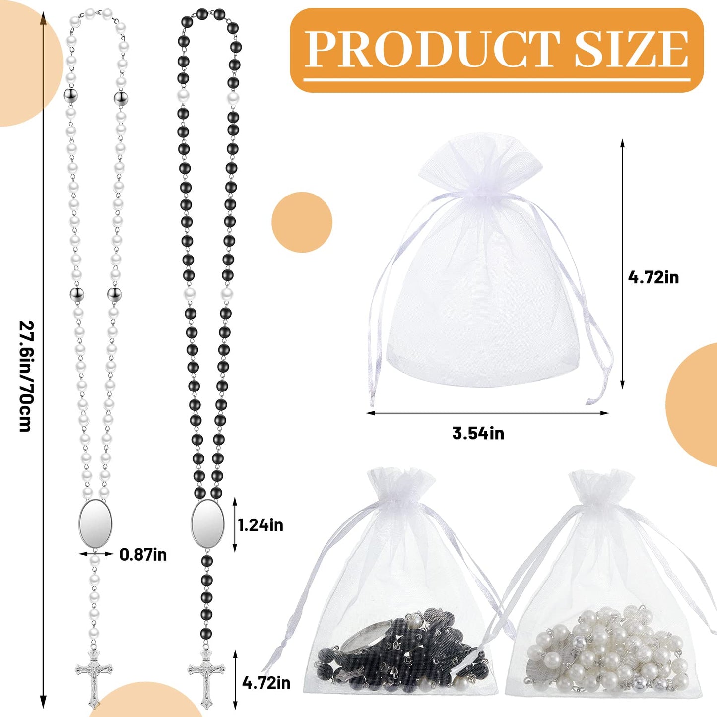 Sublimation Blanks Rosary Beads Necklace Set Catholic Rosary Printable Insert Rosary Necklace Prayer Beads Rosary with Sheer Organza Bags for Baptism Women Men Jewelry Gifts DIY Making (12 Set)