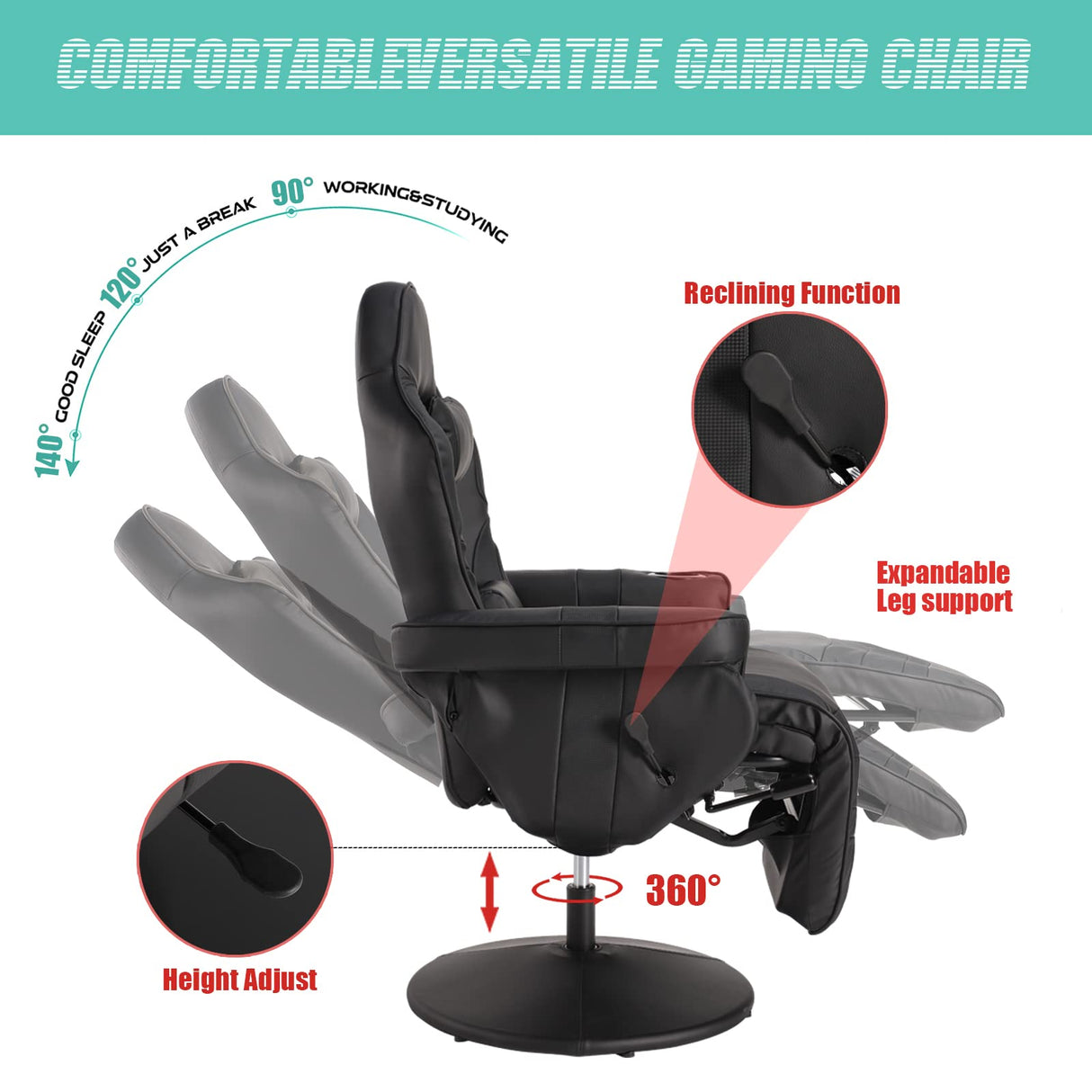 LVUYOYO Reclining Gaming Chair, Gaming Chair with Footrest and Massage, High Back PU Leather Gaming Recliner w/Adjustable Height, Swivel Game Chair with Lumbar Support, Cup Holder, Headrest LVUYOYO