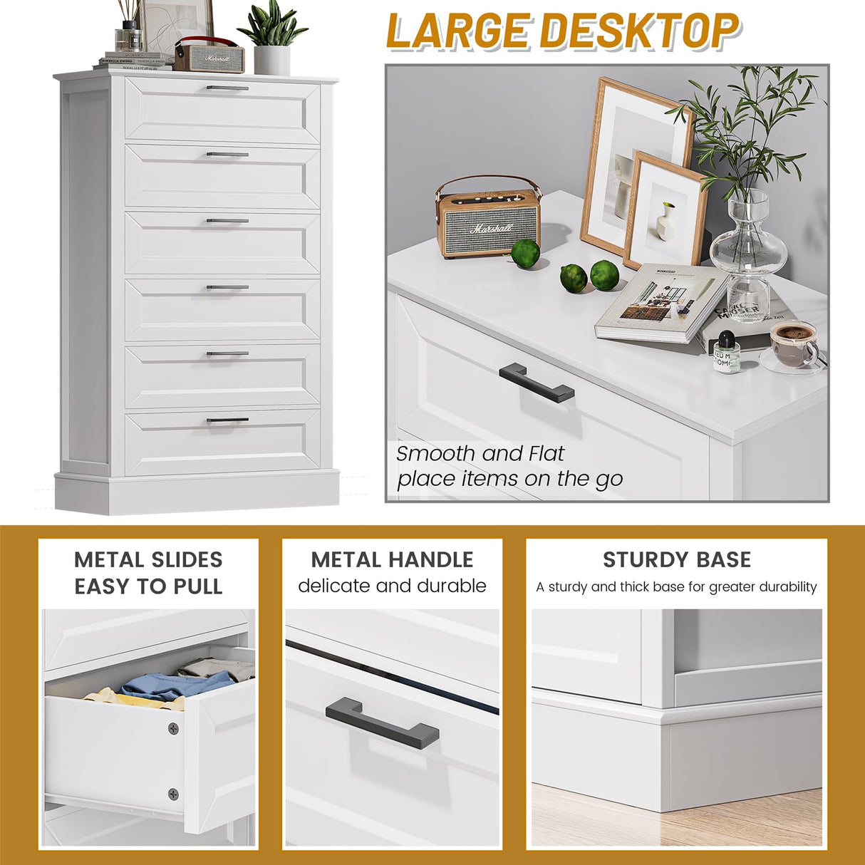 White 6 Drawer Dresser, 55 Inch Tall White Dresser for Bedroom, Modern Farmhouse Style Chest of Drawers for Bedroom Living Room, Wood Rustic Tall Dresser, Organizer for Closet, Living Room, Hallway ZLWJGY