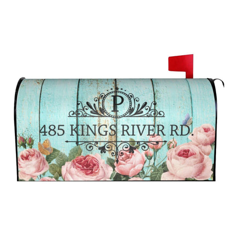 Vintage Pink Rose Blue Wooden Plank Personalized Farmhouse Address Mailbox Covers Magnetic Wedding Gifts Post Letter Box Covers Mailbox Wraps for Outside Garden Yard Courtyard Decor PersonalizedSky