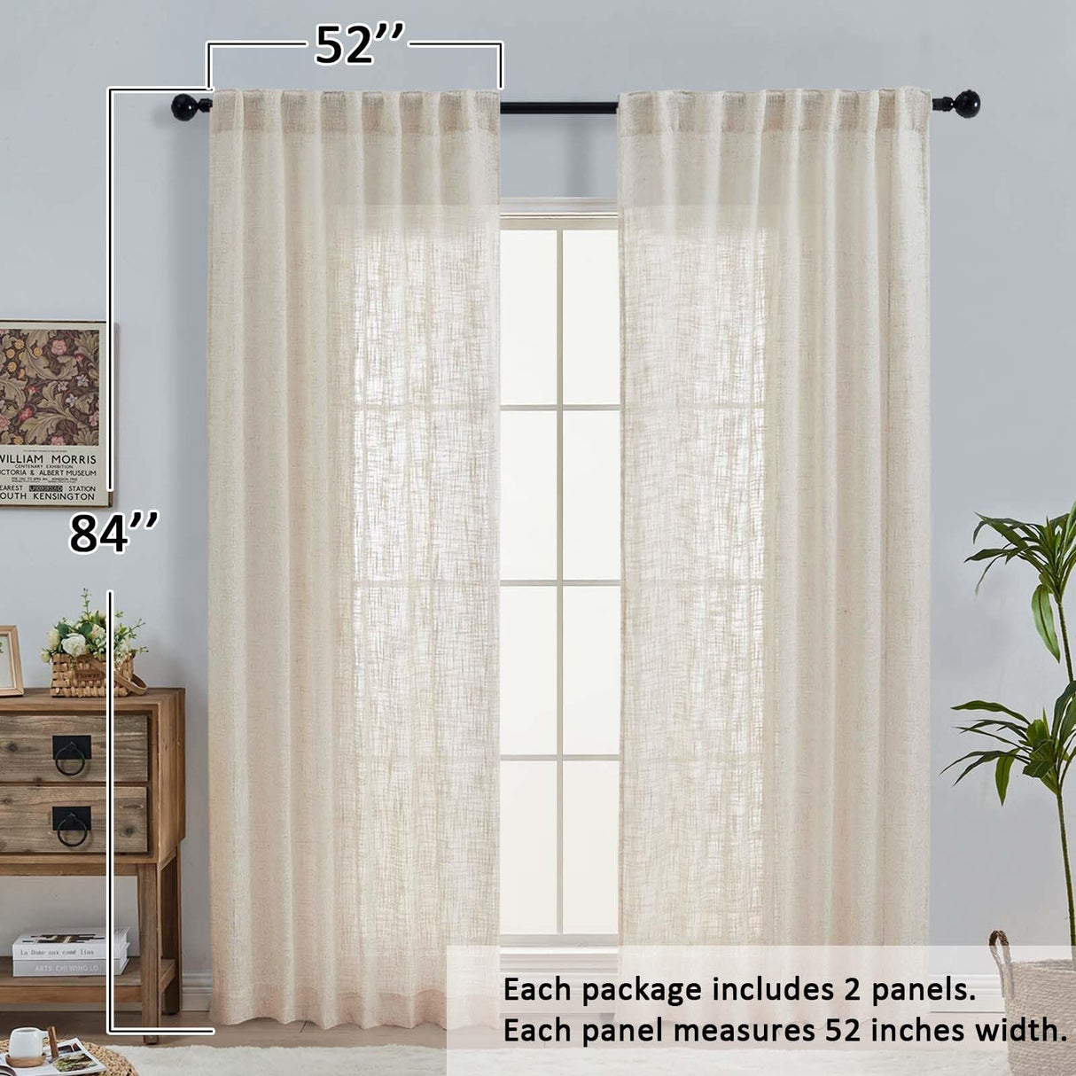 OWENIE Natural Linen Curtains 84 Inch Length 2 Panels Set for Living Room Bedroom, Thick Textured Burlap Linen Blend Light Filtering Boho Farmhouse Window Treatments with Back Tab Top, 52" W x 84" L OWENIE