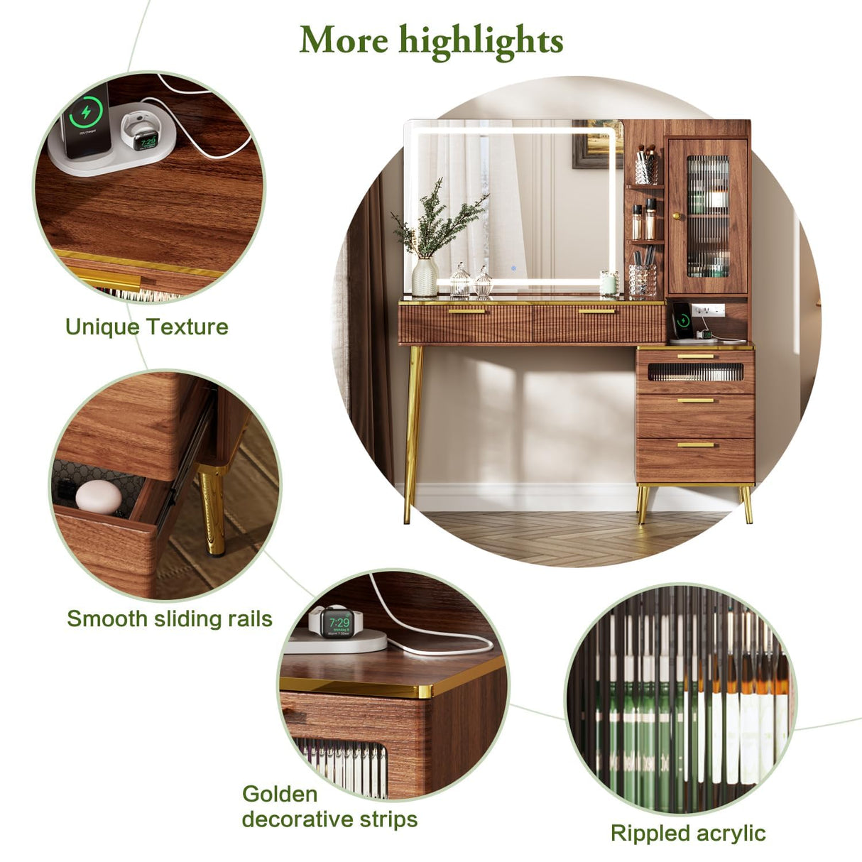 Chrangmay 47.24" Big Modern Vanity Desk with Mirror and Lights,Makeup Vanity Desk with 5 Drawers and Storage Shelves & Power Outlet,Dressing Table with Glass Top, Brown Chrangmay