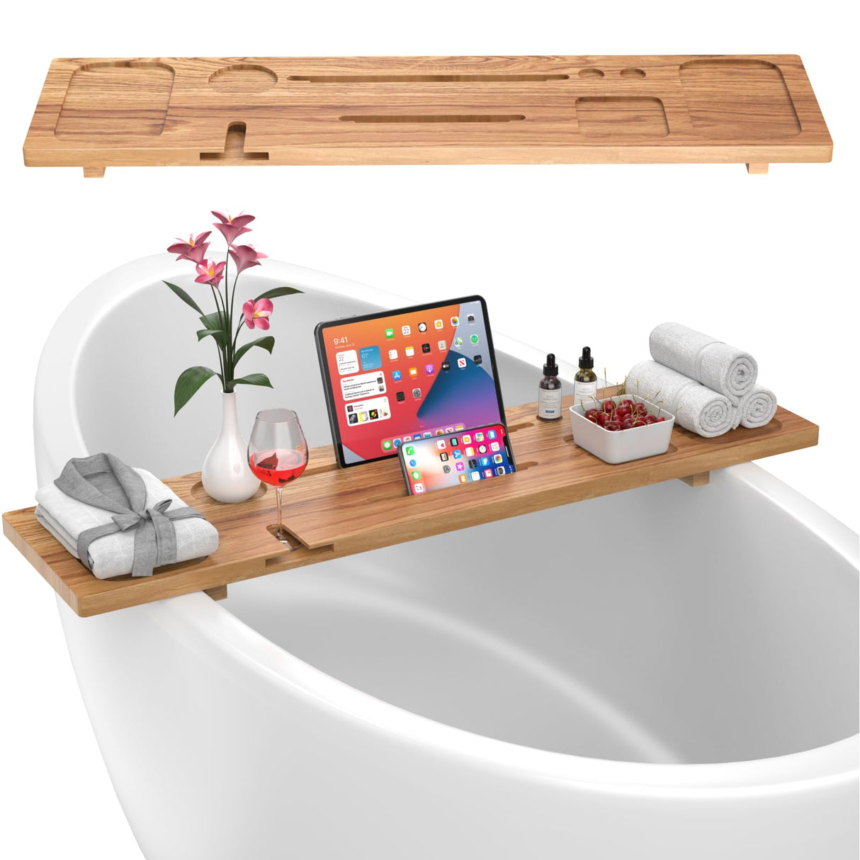 MUNNAR Pine Wood Bathtub Tray, Large Solid Wood Bath Tray, Luxury Anti-Tip Bath Caddy with Adjustable Legs, 35x9 Bath Tray for Tub, Bath Table Tray, Fits for 23"-32.5" Tub, Ideal Gift for Women MUNNAR