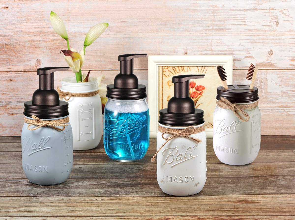 Komashr Mason Jar Bathroom Accessories Set(4pcs)- Jars Not Included - Foaming Soap Dispenser,Toothbrush Holder, and Apothecary Storage Jars Lids -Rustic Farmhouse Decor,Brown Komashr