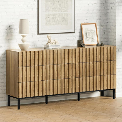 UEV Mid Century Modern Dresser,9 Drawer Dresser for Bedroom Natural Wood,Light and Fluted Double Chest of Drawers,Accent Large Storage Dresser with Metal Stand - WoodArtSupply