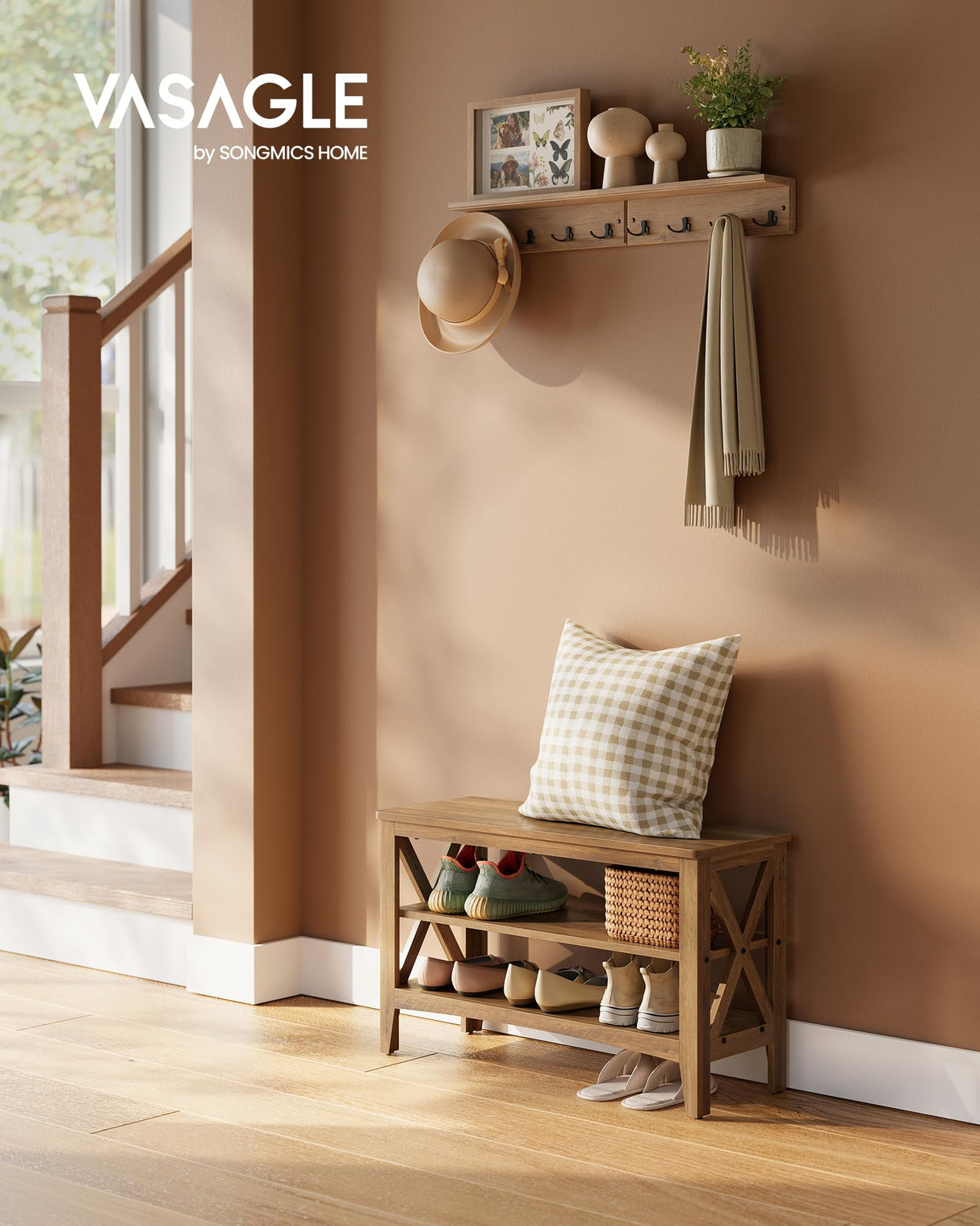 VASAGLE, Entryway Storage Bench, 2-Tier Shoe Rack, 11.8 x 31.5 x 18.9 Inches, Holds up to 300 lb, Farmhouse Style, for Living Room, Bedroom, Honey Brown ULSB053K41 VASAGLE