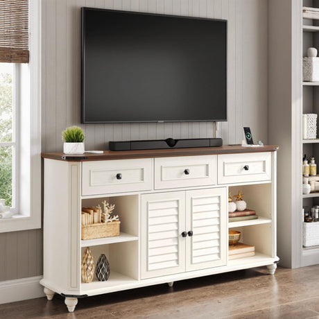 DWVO TV Stand for TVs up to 65", Entertainment Center with Shutter Doors, Farmhouse TV Stand with Storage Drawers & Adjustable Shelves, Rustic Console Cabinet for Living Room, Power Outlets, White DWVO