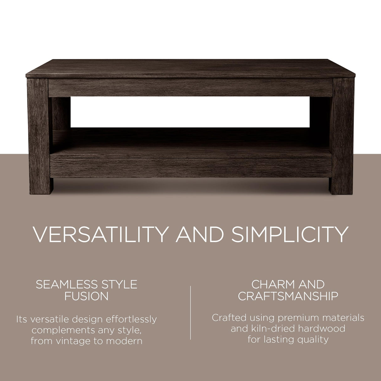 Maven Lane Paulo Large 2 Tier Rustic Rectangle Wooden Center Coffee Table with Shelf Storage for Living Room in Weathered Brown Finish Maven Lane