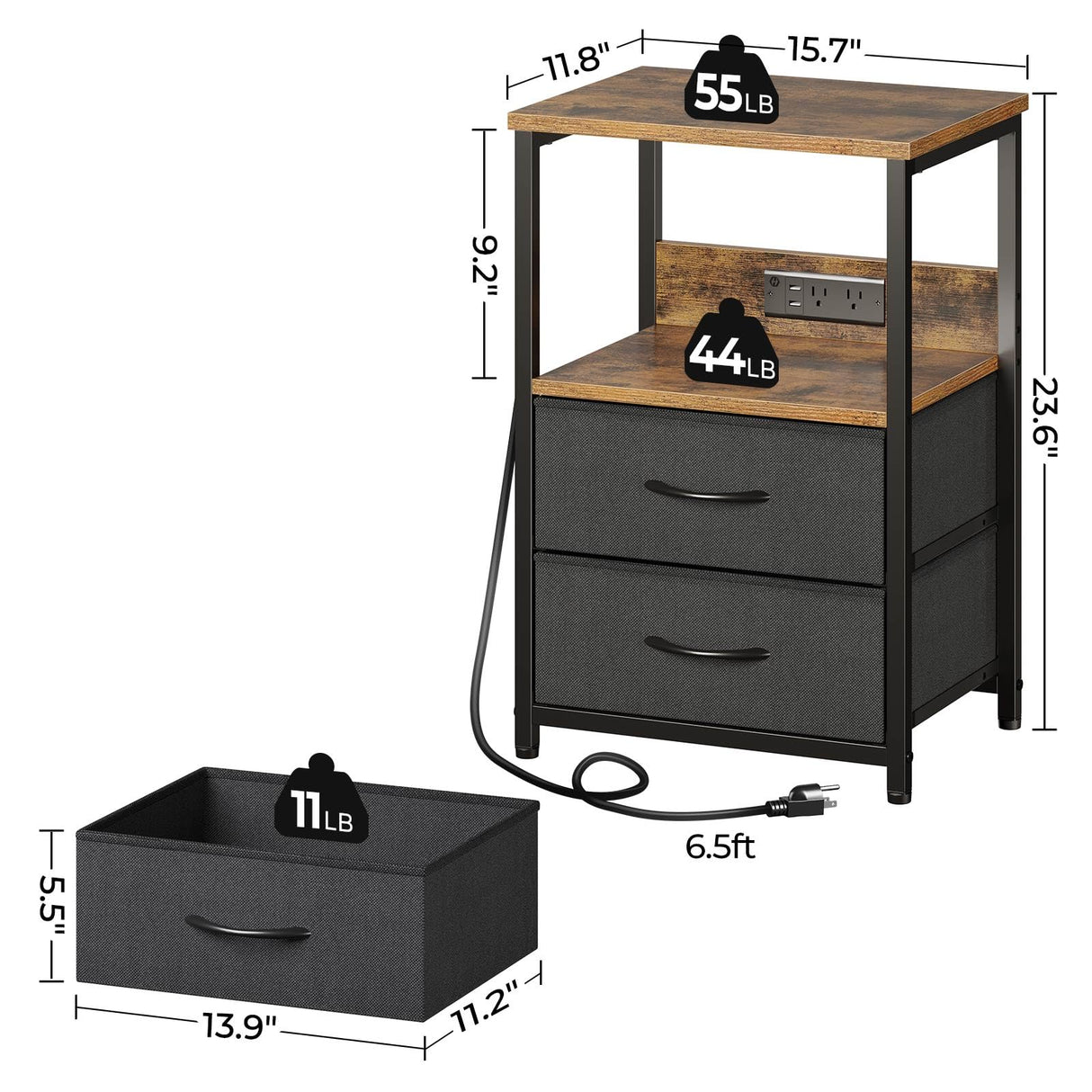Seventable Nightstand Set of 2 with Charging Station, Bedside Table with LED Lights, Night Stand with 2 Fabric Drawers, 3-Tier Storage End Table for Bedroom, Rustic Brown Seventable