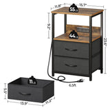 Seventable Nightstand Set of 2 with Charging Station, Bedside Table with LED Lights, Night Stand with 2 Fabric Drawers, 3-Tier Storage End Table for Bedroom, Rustic Brown Seventable