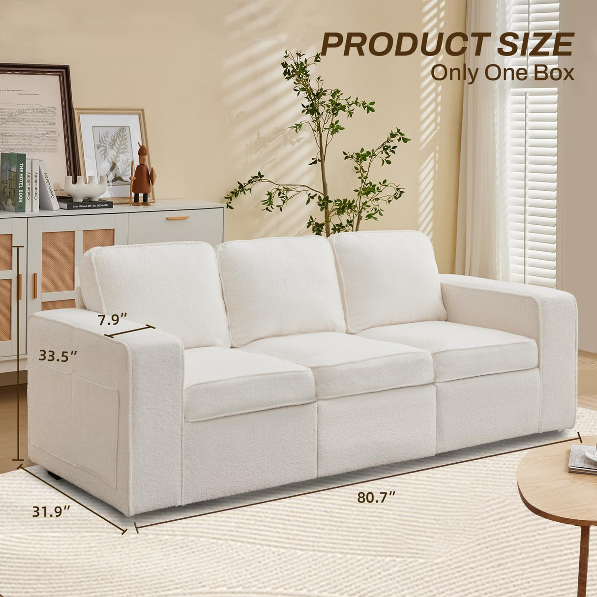 Orcalic 80'' Sofa Couch for Living Room, Mid Century Modern Loveseat Sofa with Side Pocket, 3-Seater Couches for Bedroom, Apartment, Office, Teddy Wool White Orcalic