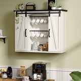 4ever2buy Farmhouse Coffee Bar with Storage, 31.5 Inch Floating Kitchen Wall Cabinet with 6 Hooks for Wall, Wall Mount Cabinet with Barn Door for Living Room, White Kitchen Wall Cabinet 4ever2buy