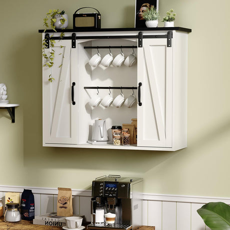 4ever2buy Farmhouse Coffee Bar with Storage, 31.5 Inch Floating Kitchen Wall Cabinet with 6 Hooks for Wall, Wall Mount Cabinet with Barn Door for Living Room, White Kitchen Wall Cabinet 4ever2buy