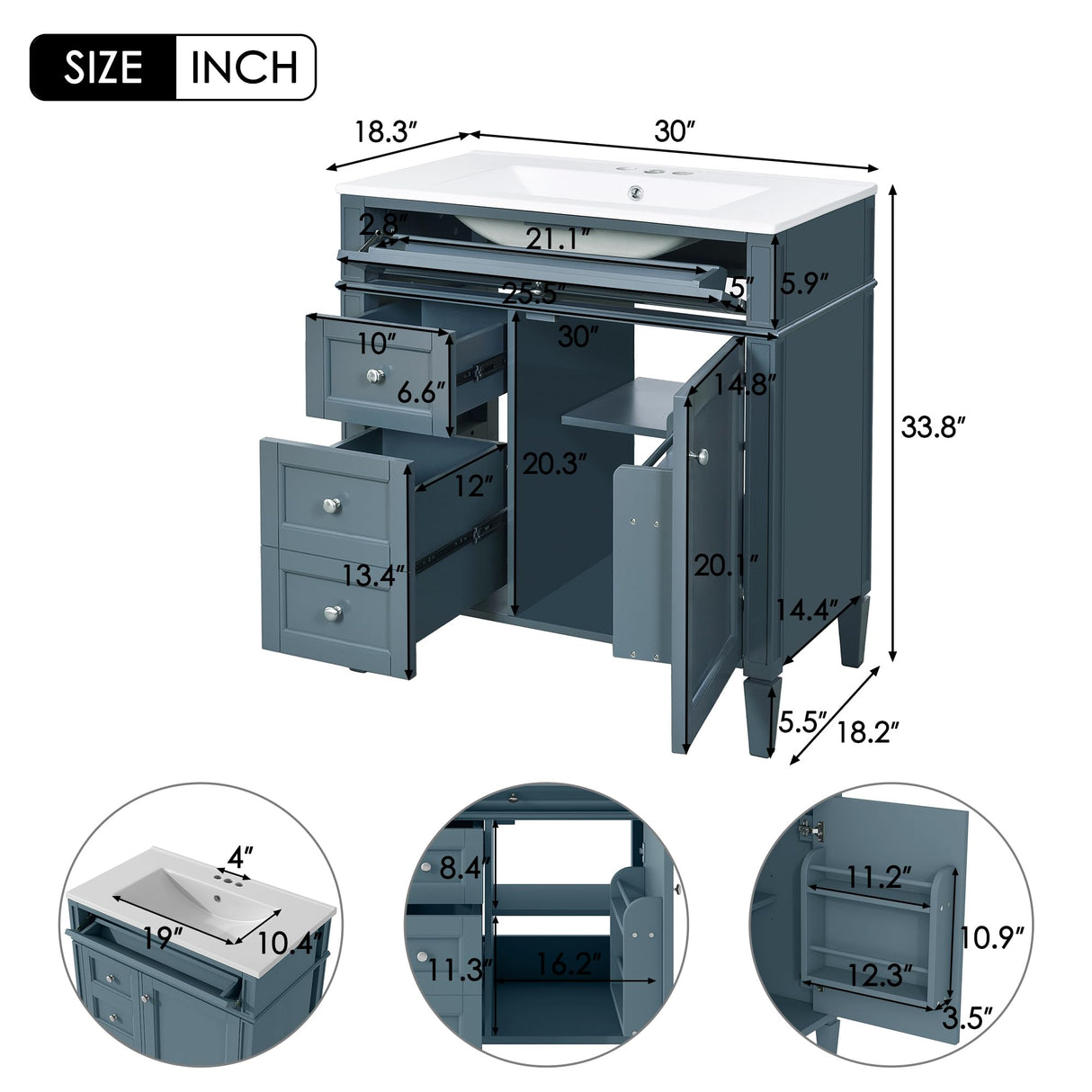 Virubi 30 Inch Bathroom Vanity with Ceramic Sink, Modern Bathroom Storage Cabinet with 3 Drawers and 1 Soft Closing Door, Solid Wood Frame Bathroom Vanities (Blue) Virubi