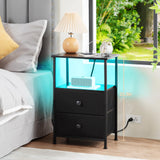 LOAKEKEL Night Stand Set 2, LED Nightstand with Charging Station, End Tables with Storage Shelf, Bedside Table with 2 Fabric Drawers for Bedroom, Small Spaces, Black, HETS02BK LOAKEKEL
